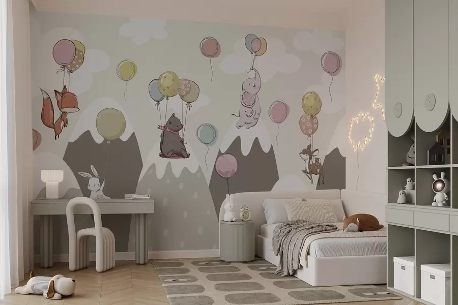 wall murals Children's Scandinavian mountains with animals w04651