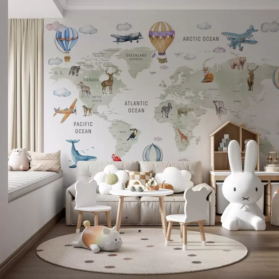wall murals Children’s world map with animals w04636