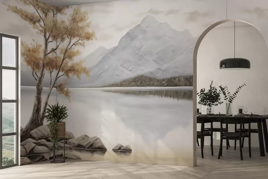 wall murals Autumn tree by a mountain lake, calm pastels w04611