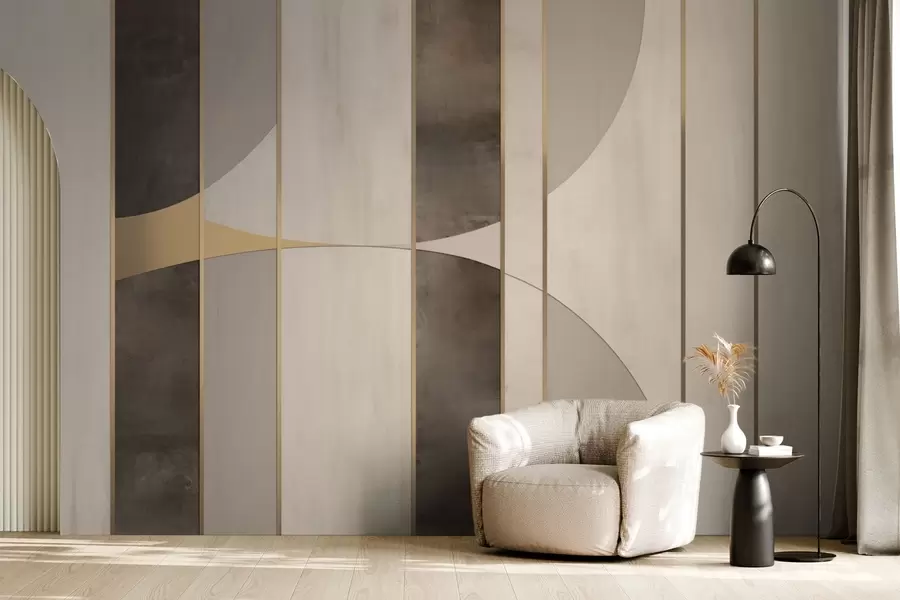 wall murals Geometric panels with arcs and champagne accents w04616