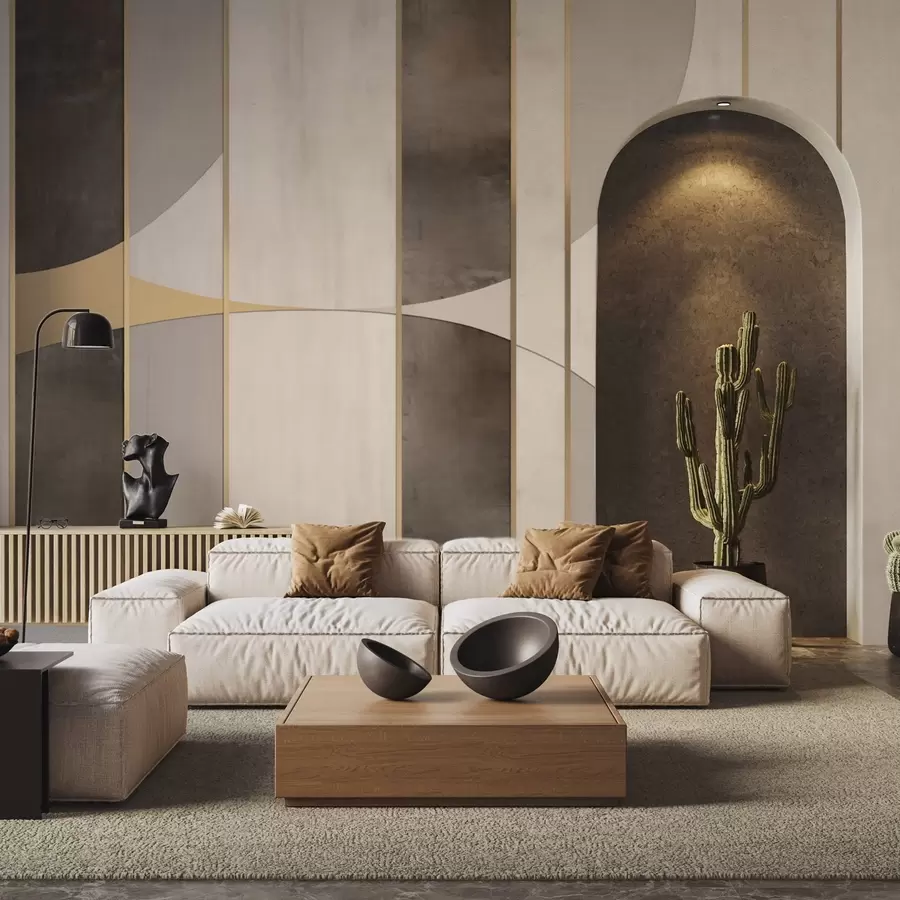 wall murals Geometric panels with arcs and champagne accents w04616