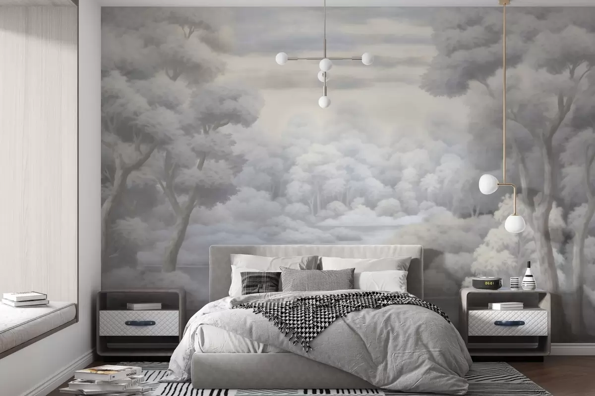 wall murals Misty forest and lake in soft gray tones w04617