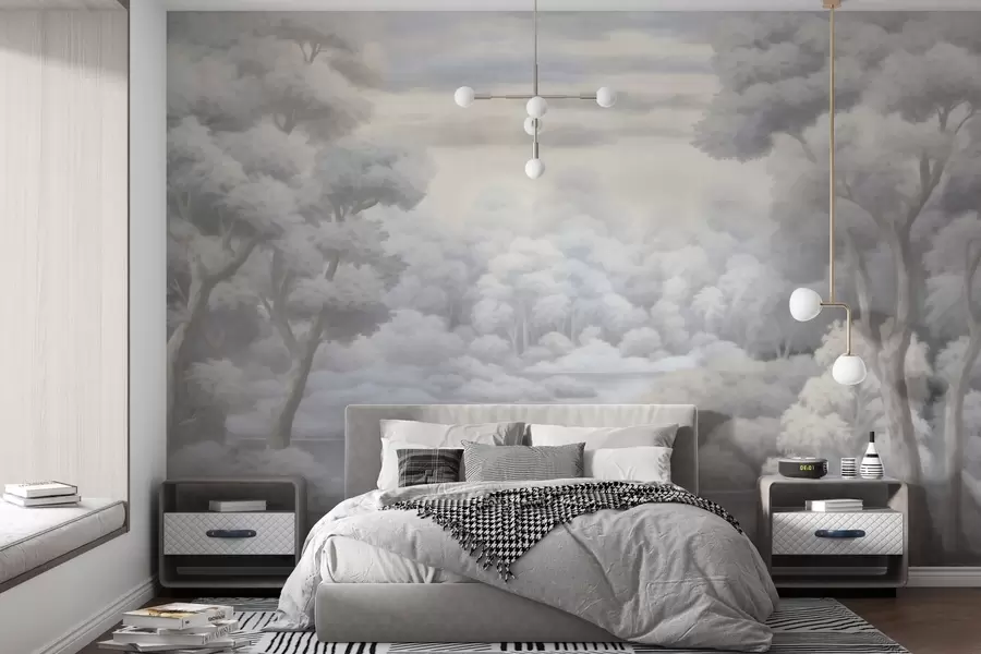 wall murals Misty forest and lake in soft gray tones w04617