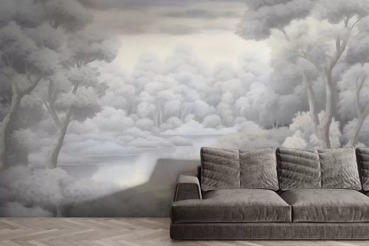 wall murals Misty forest and lake in soft gray tones w04617