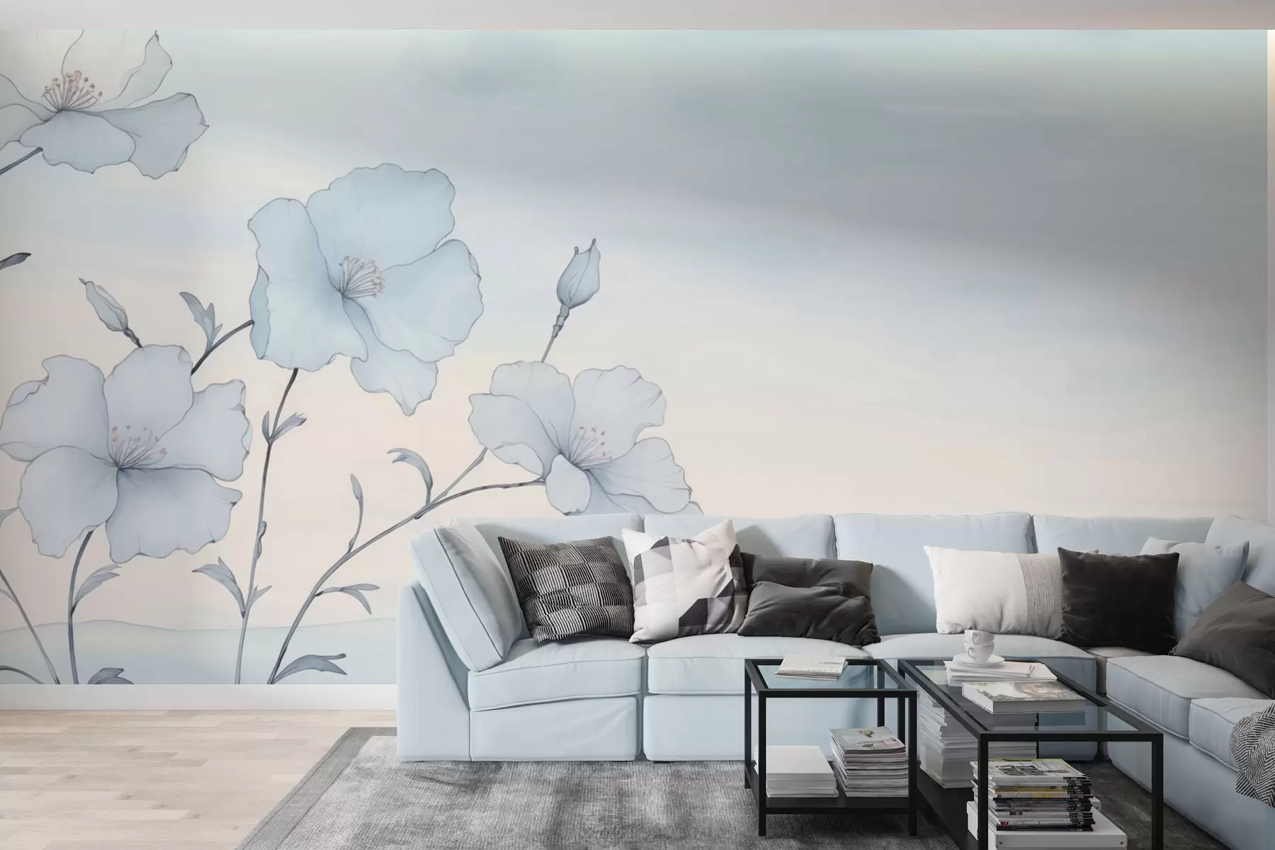 wall murals Delicate blue flowers against an airy sky w04620