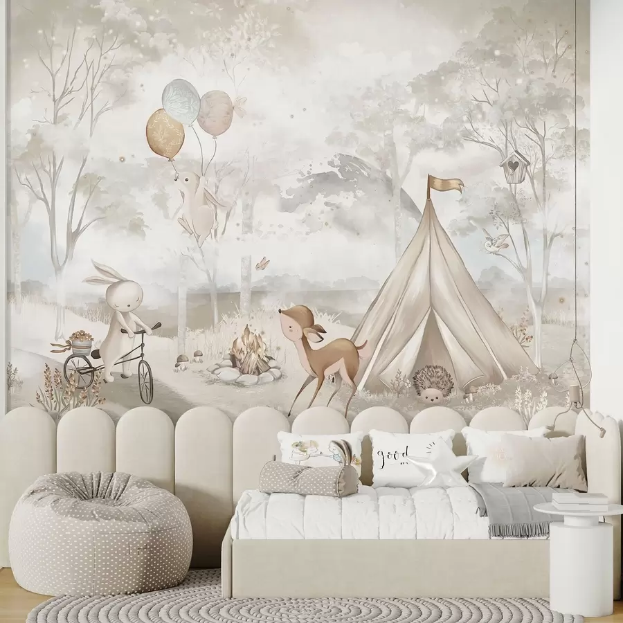 wall murals Kids' camp in warm beige tones, tent and forest animals w04671