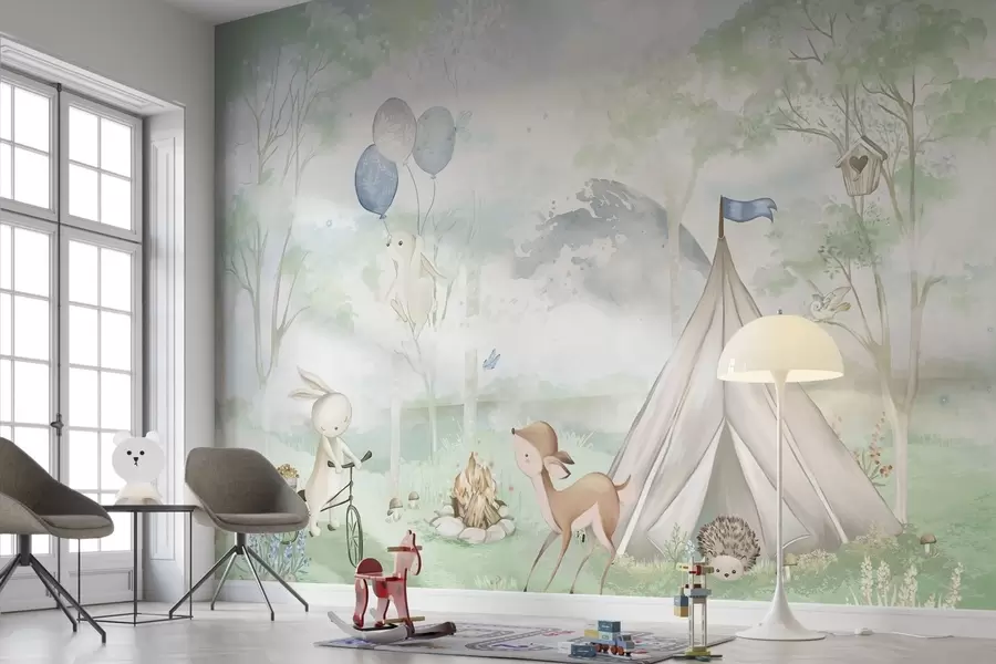 wall murals Kids' forest camp: bunnies, fawn, tent and campfire w04671v1