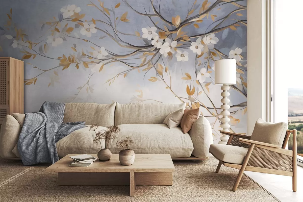 wall murals White flowers with orange leaves on a tree branch, light blue textured background, delicate brushstrokes w09415