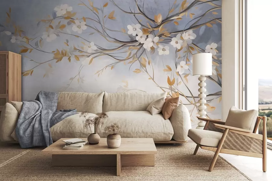 wall murals White flowers with orange leaves on a tree branch, light blue textured background, delicate brushstrokes w09415