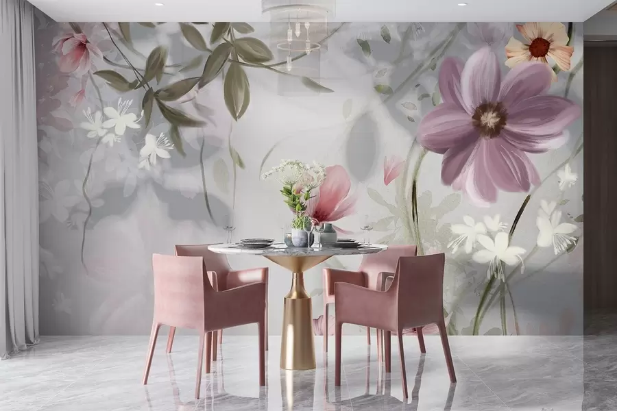 wall murals Pink and white flowers with green stems and leaves, soft lighting, muted colors, floral arrangement w09417v1