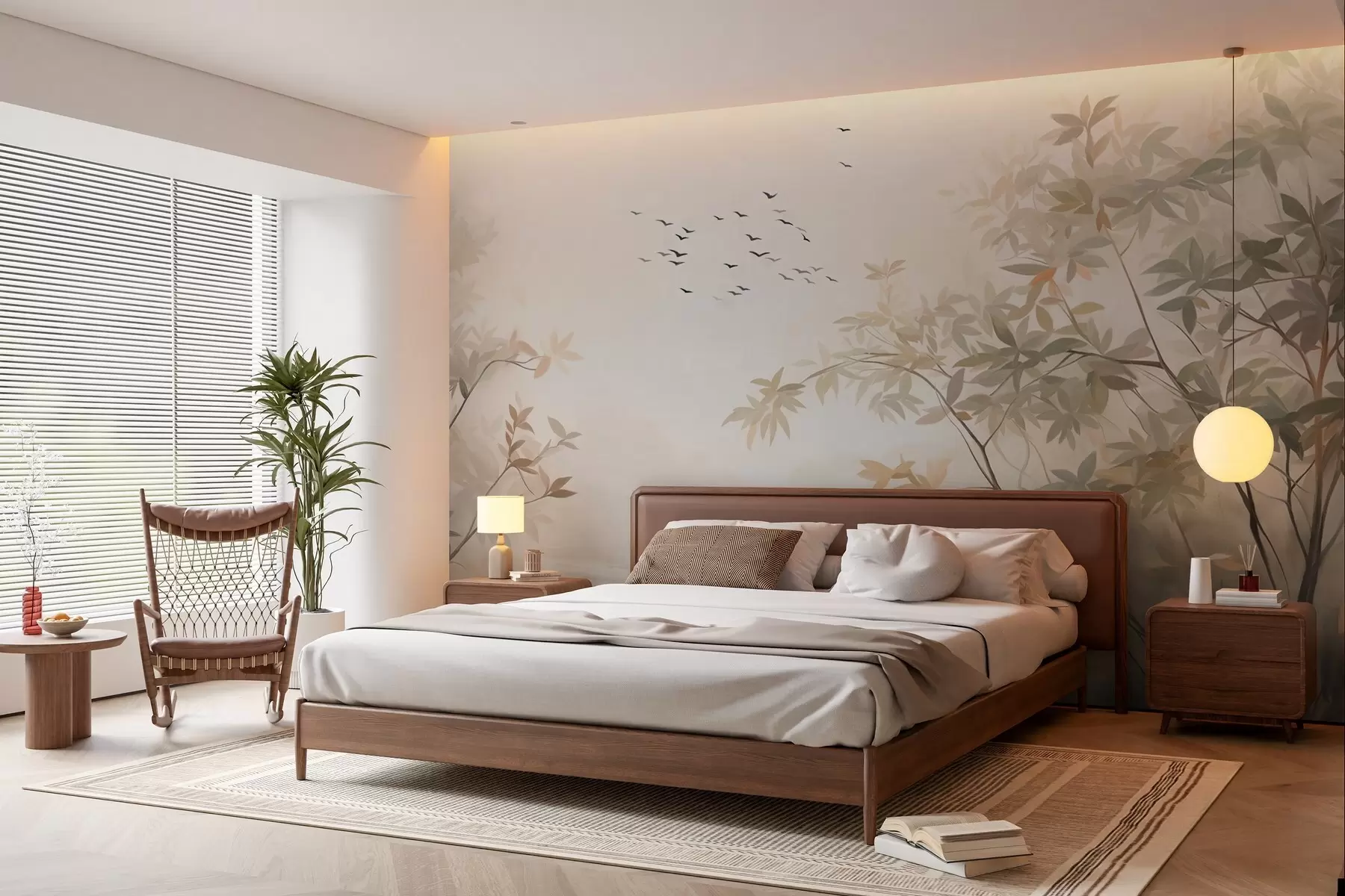 wall murals Textured landscape with trees and a flock of birds flying in the sky, pastel colors, nature scene  w09418