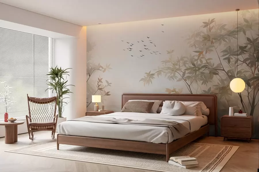 wall murals Textured landscape with trees and a flock of birds flying in the sky, pastel colors, nature scene  w09418