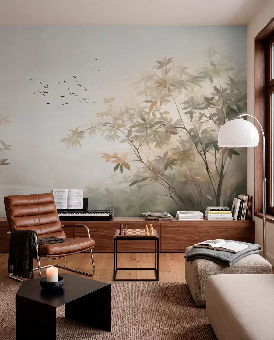 wall murals Textured landscape with trees and a flock of birds flying in the sky, pastel colors, nature scene  w09418