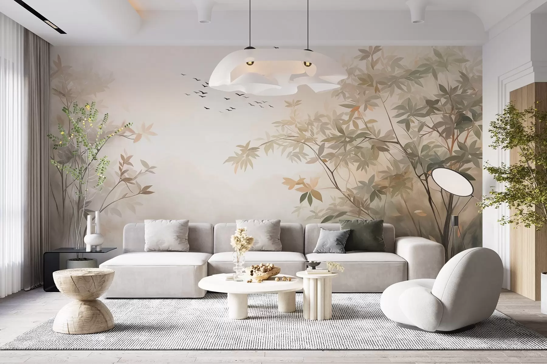 wall murals Textured landscape with trees and a flock of birds flying in the sky, pastel colors, nature scene  w09418