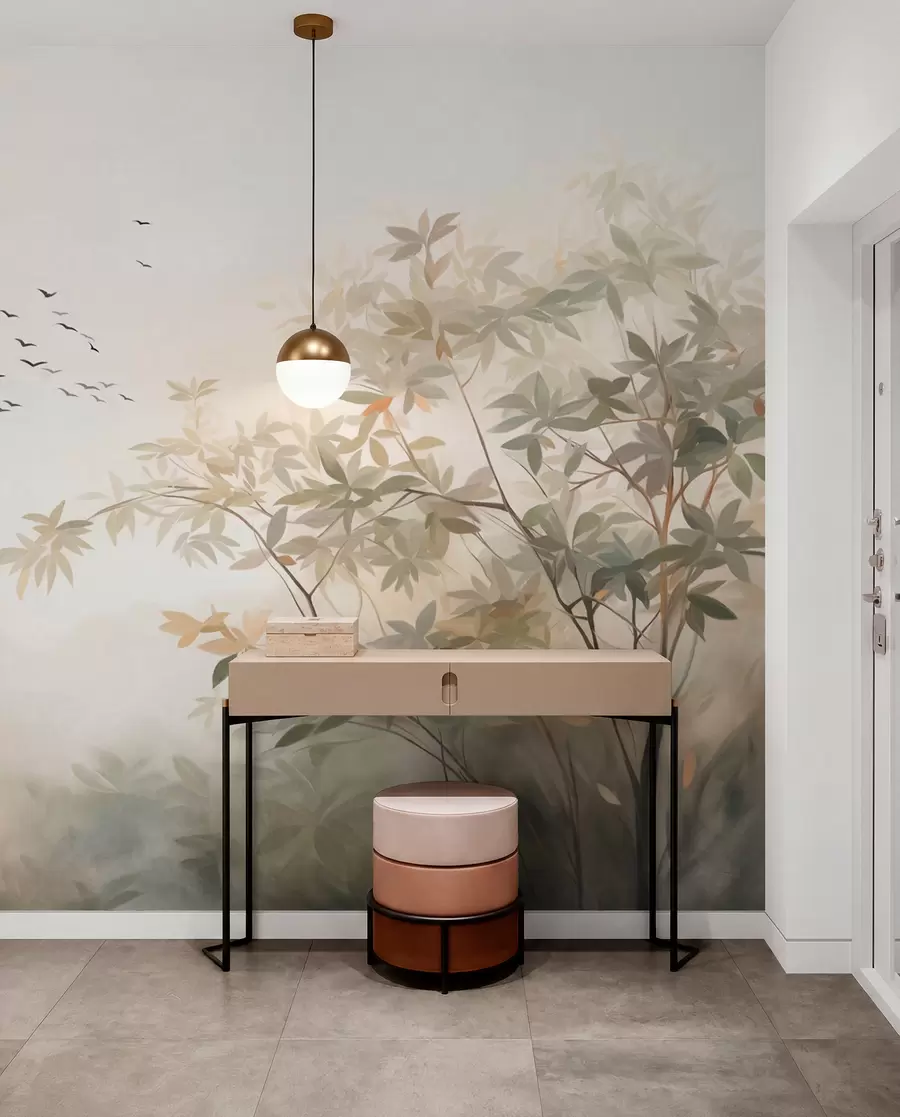 wall murals Textured landscape with trees and a flock of birds flying in the sky, pastel colors, nature scene  w09418