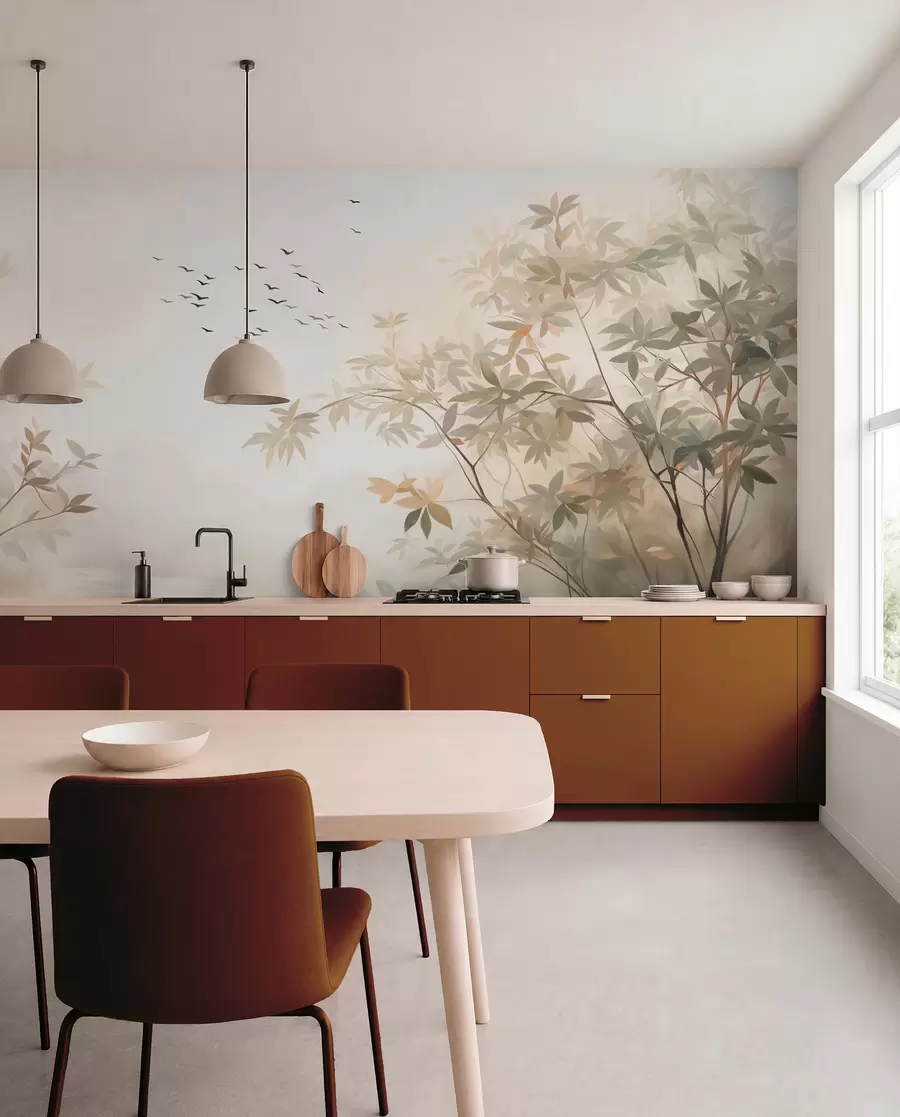 wall murals Textured landscape with trees and a flock of birds flying in the sky, pastel colors, nature scene  w09418