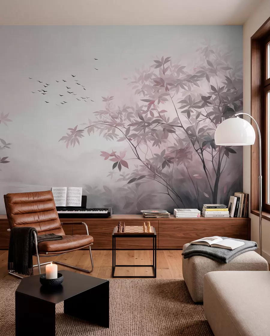 wall murals Textured landscape with trees and a flock of birds flying in the sky, pastel colors, nature scene  w09418v1