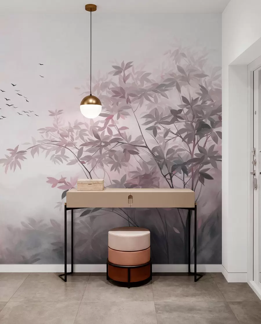 wall murals Textured landscape with trees and a flock of birds flying in the sky, pastel colors, nature scene  w09418v1