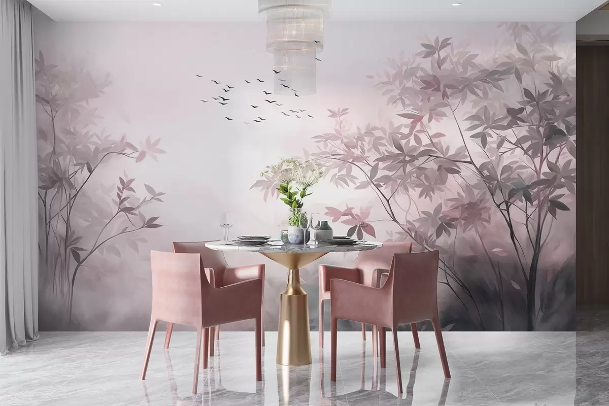 wall murals Textured landscape with trees and a flock of birds flying in the sky, pastel colors, nature scene  w09418v1