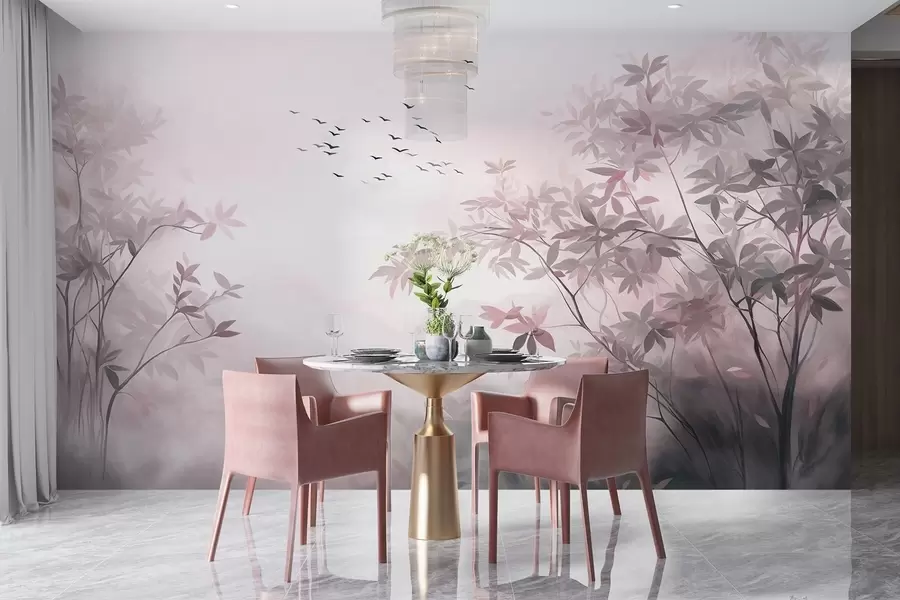 wall murals Textured landscape with trees and a flock of birds flying in the sky, pastel colors, nature scene  w09418v1