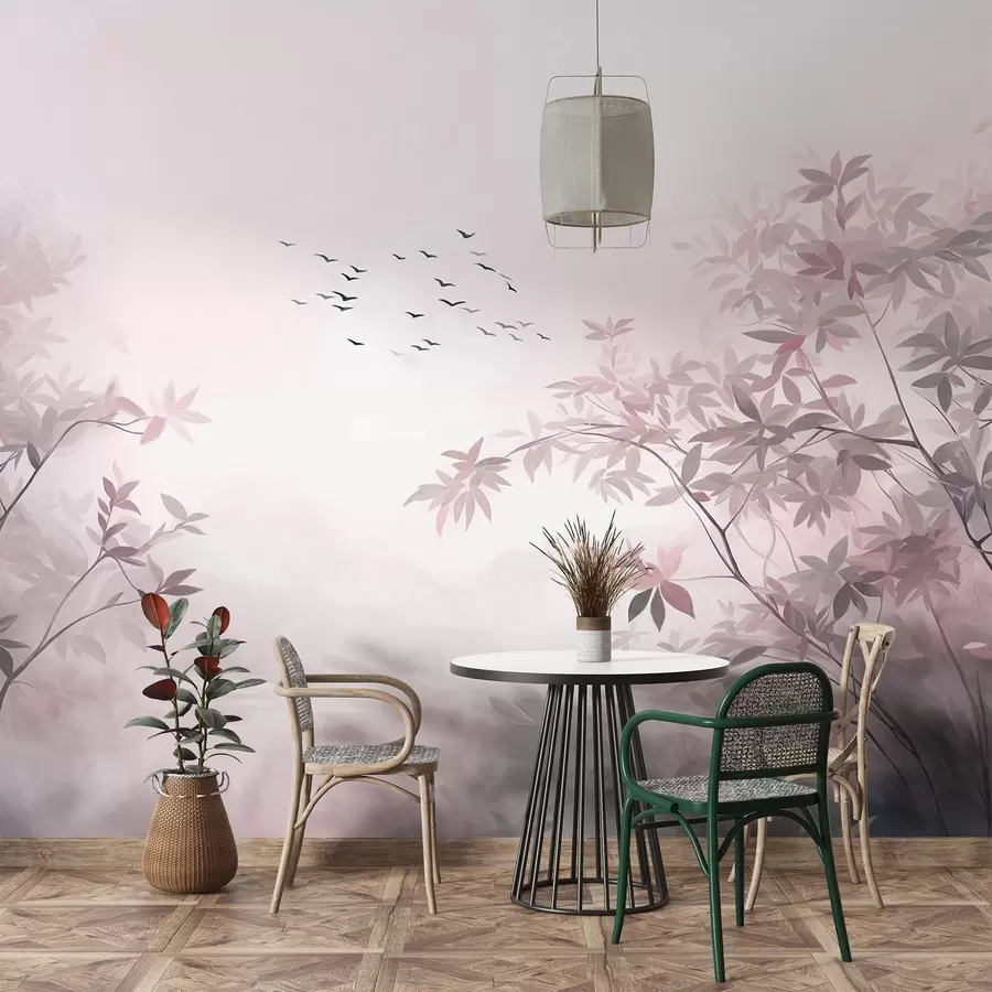 wall murals Textured landscape with trees and a flock of birds flying in the sky, pastel colors, nature scene  w09418v1