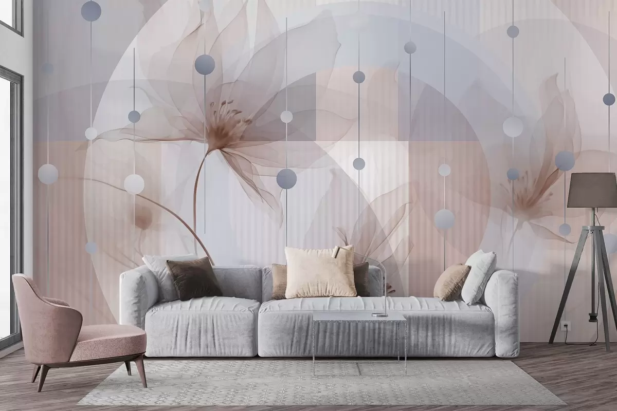 wall murals Abstract translucent flowers, circles and geometric shapes, pastel blue, brown and white color palette w09419v1