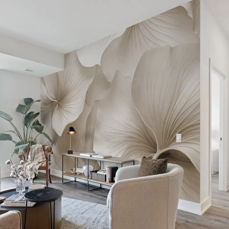 wall murals White and beige gingko leaves, soft  textured, abstract floral background, minimalist modern style w09421v1