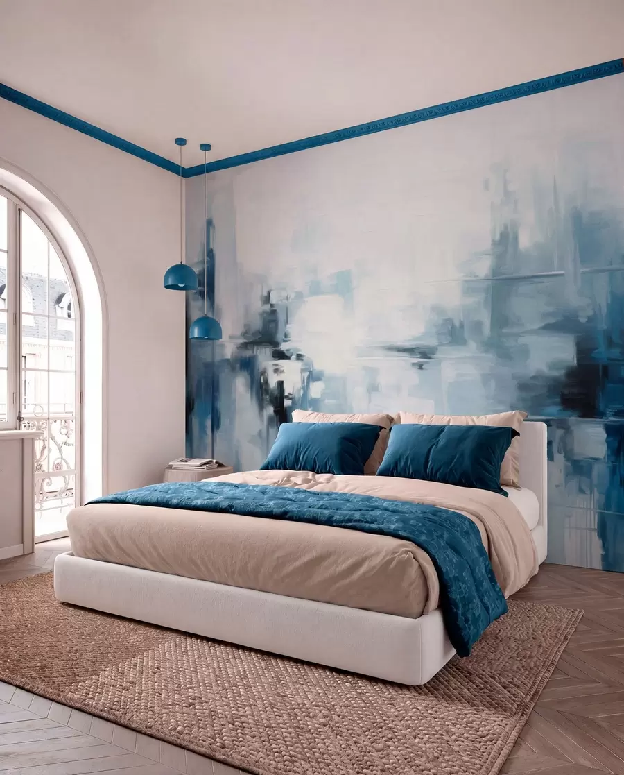 wall murals Abstract textured landscape painting imitation with blue and white brushstrokes, modern style w09422