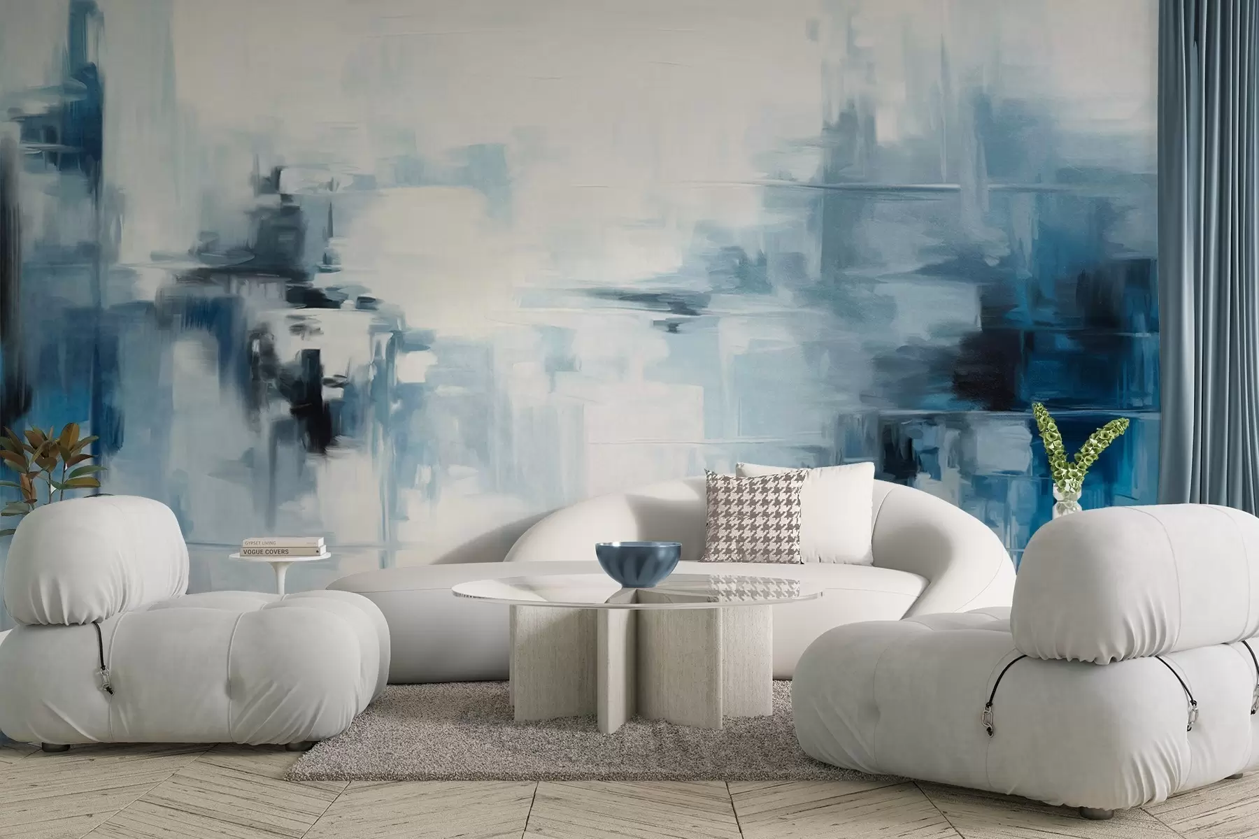 wall murals Abstract textured landscape painting imitation with blue and white brushstrokes, modern style w09422