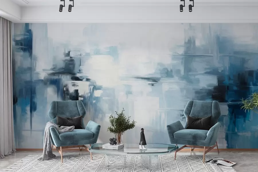 wall murals Abstract textured landscape painting imitation with blue and white brushstrokes, modern style w09422