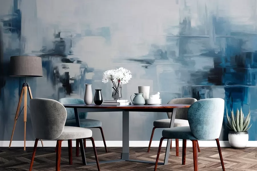 wall murals Abstract textured landscape painting imitation with blue and white brushstrokes, modern style w09422