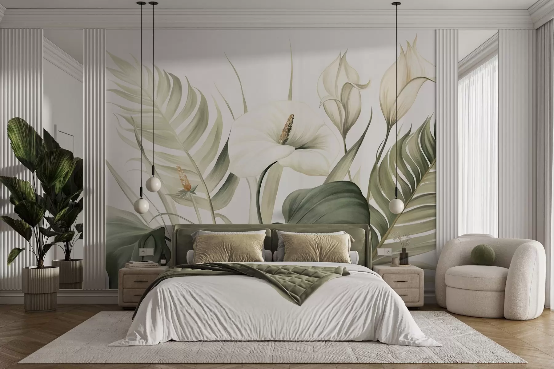 wall murals White calla lilies and green tropical leaves, botanical illustration, light background, vintage style, textured w09423