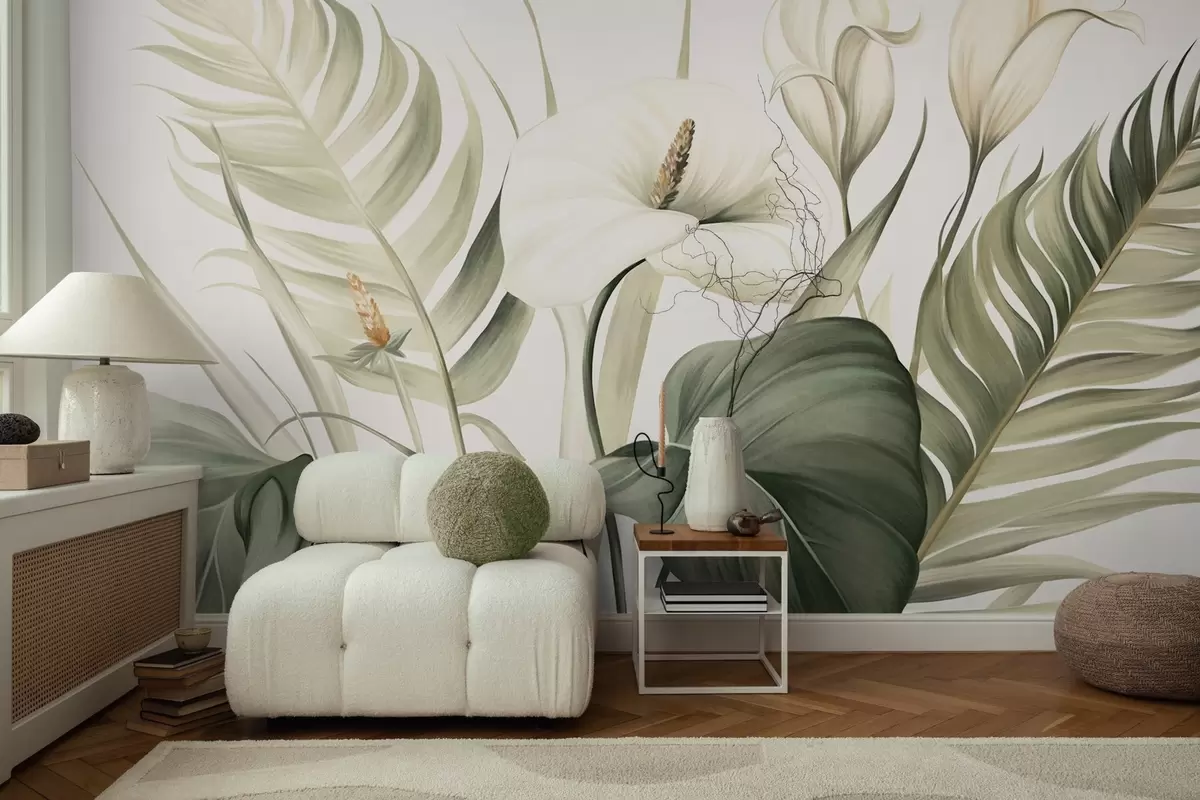 wall murals White calla lilies and green tropical leaves, botanical illustration, light background, vintage style, textured w09423