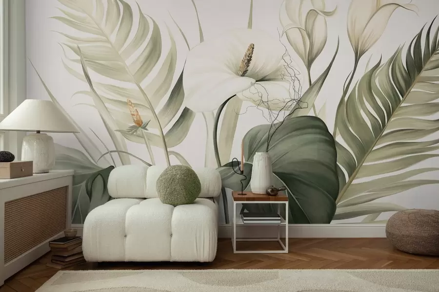 wall murals White calla lilies and green tropical leaves, botanical illustration, light background, vintage style, textured w09423