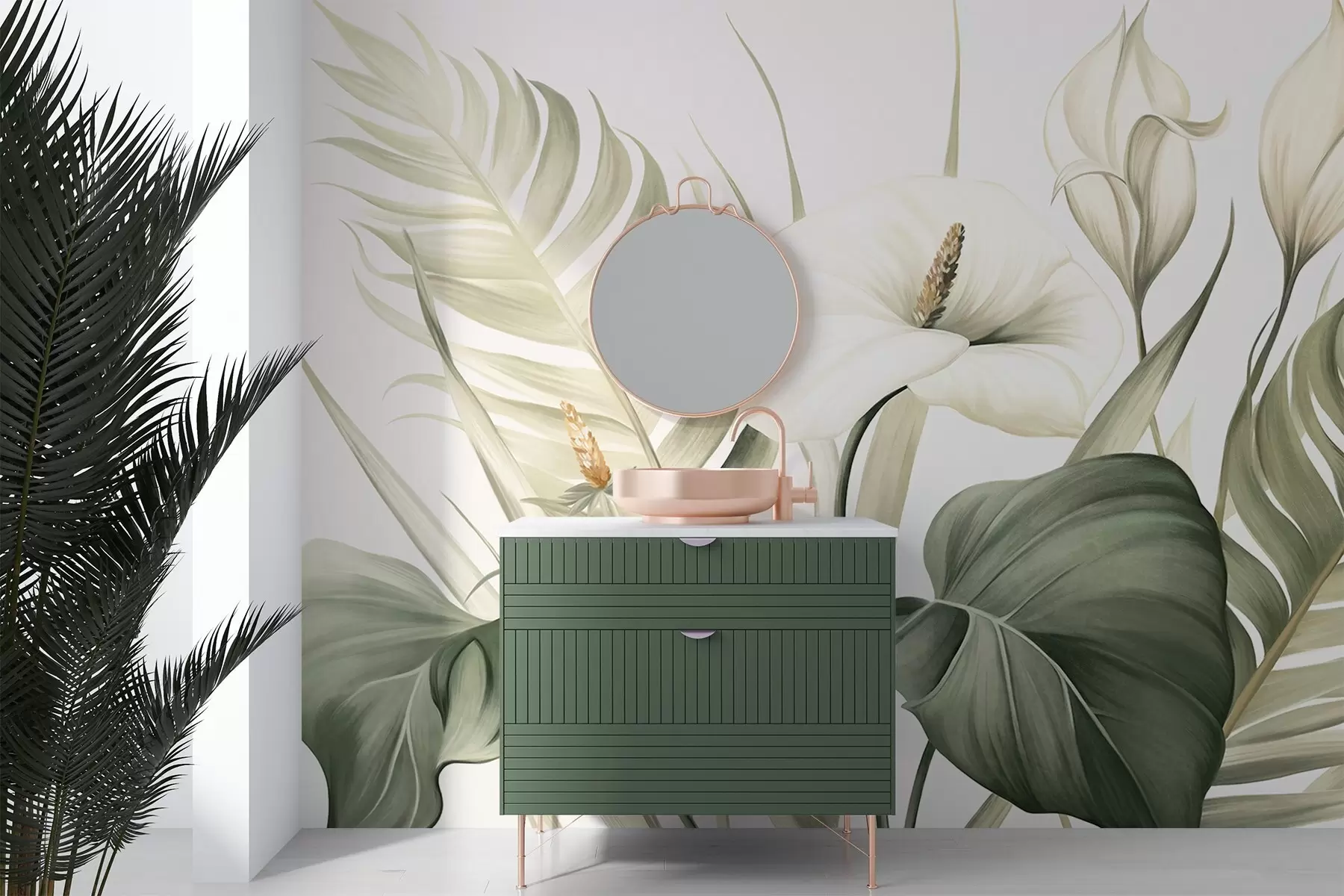 wall murals White calla lilies and green tropical leaves, botanical illustration, light background, vintage style, textured w09423