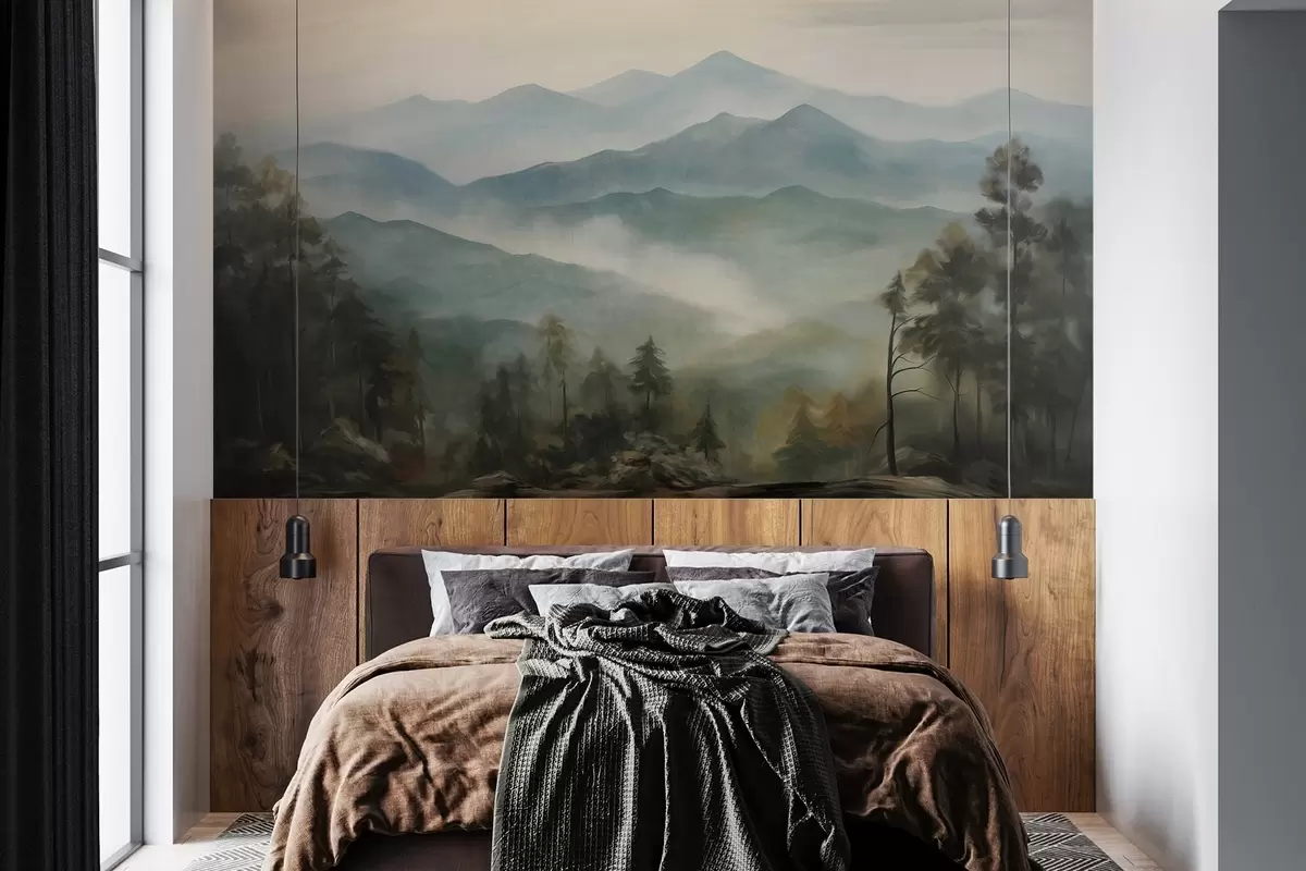wall murals Misty mountain range with trees, fog, cloudy sky, muted colors, landscape painting style w09424