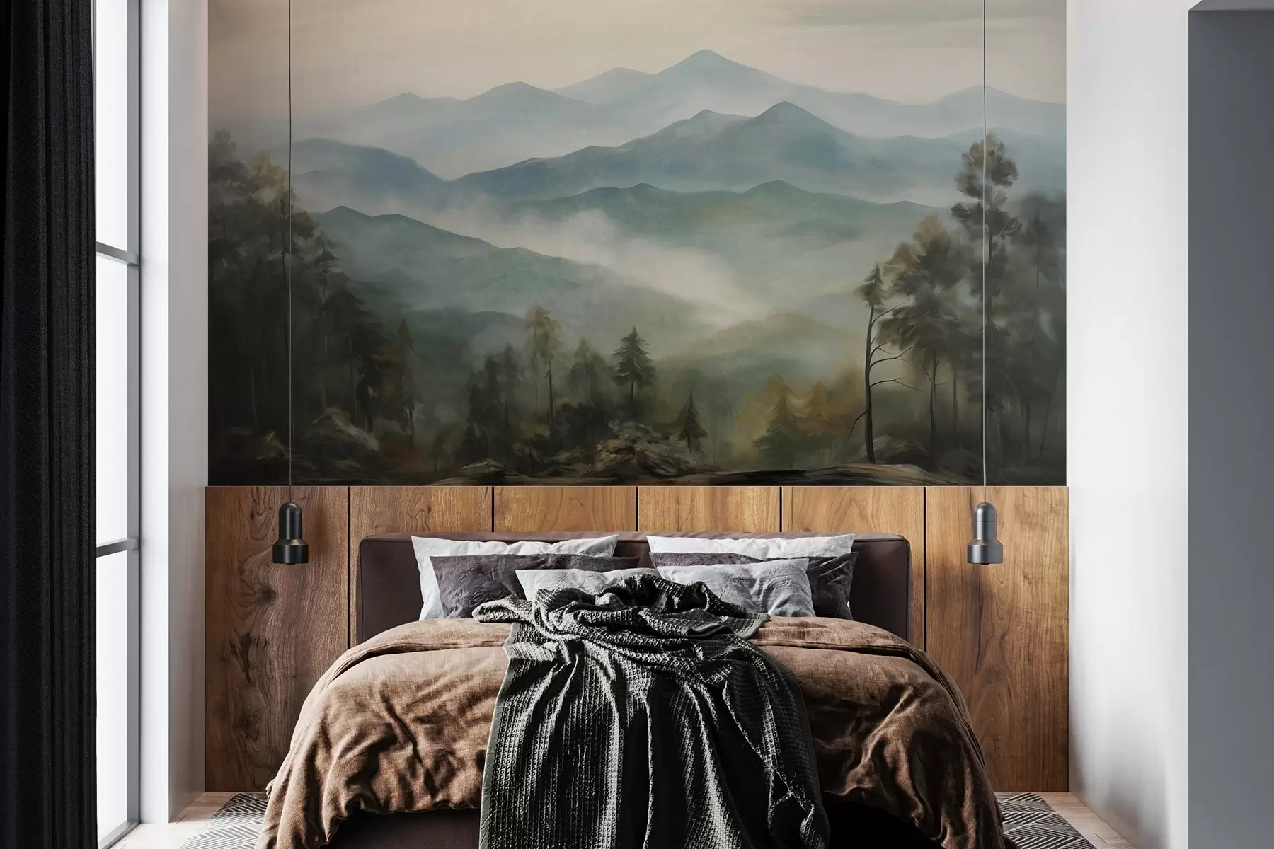 wall murals Misty mountain range with trees, fog, cloudy sky, muted colors, landscape painting style w09424