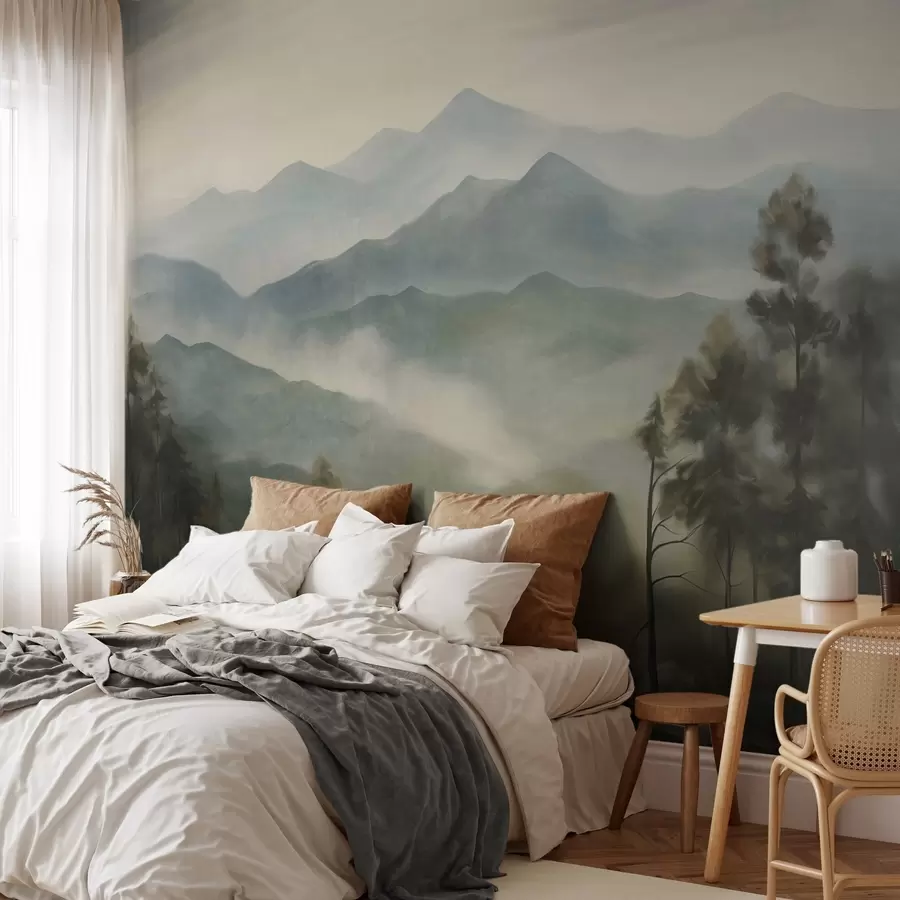 wall murals Misty mountain range with trees, fog, cloudy sky, muted colors, landscape painting style w09424