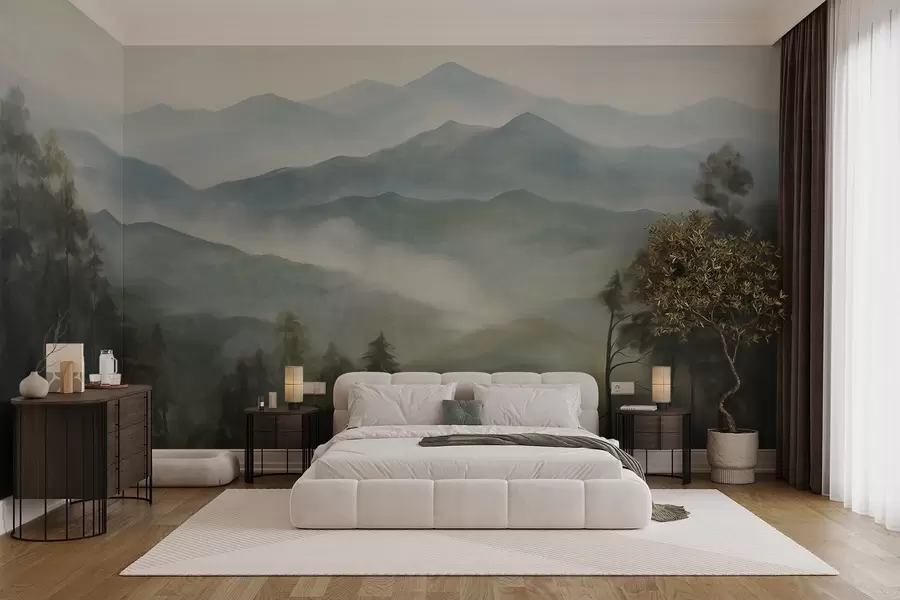wall murals Misty mountain range with trees, fog, cloudy sky, muted colors, landscape painting style w09424