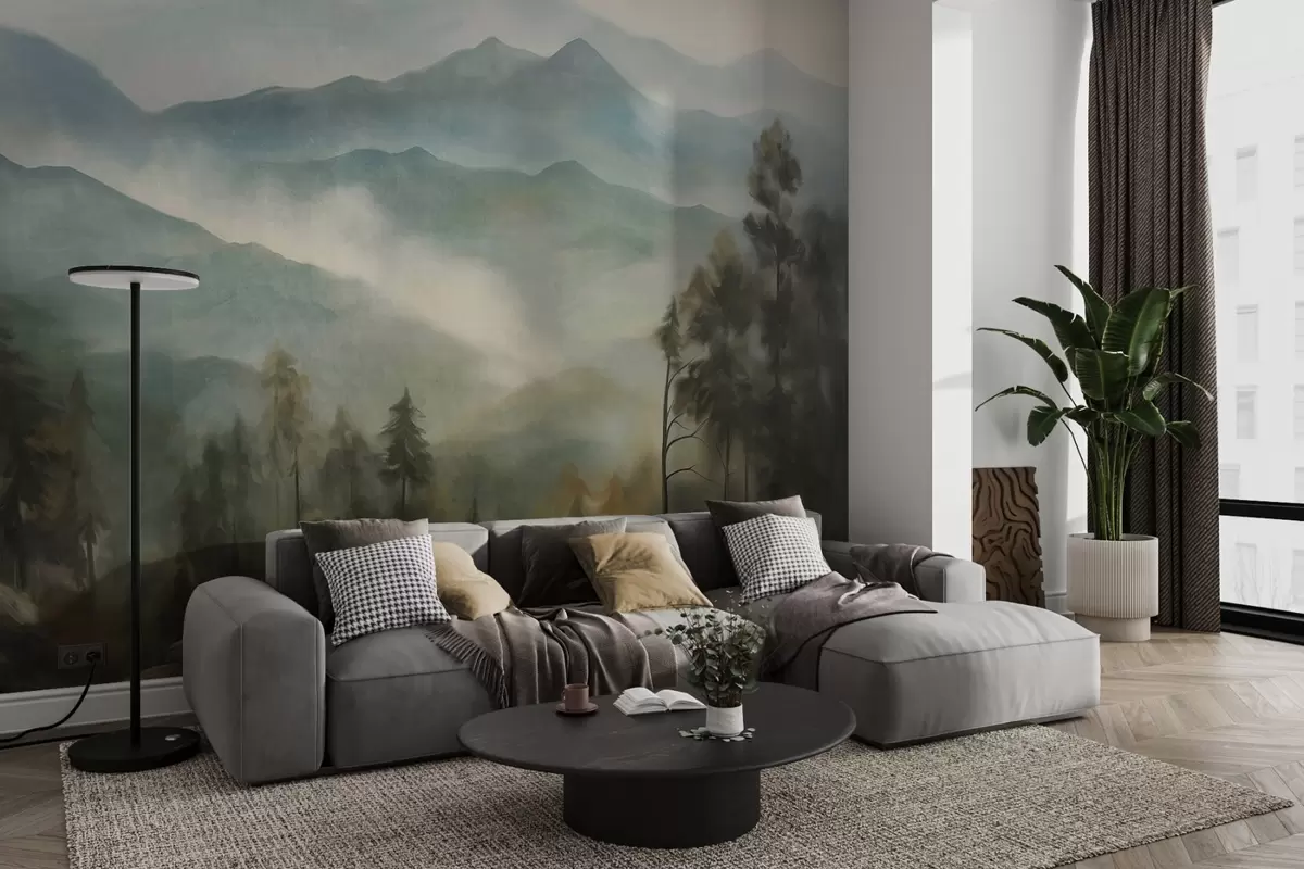 wall murals Misty mountain range with trees, fog, cloudy sky, muted colors, landscape painting style w09424