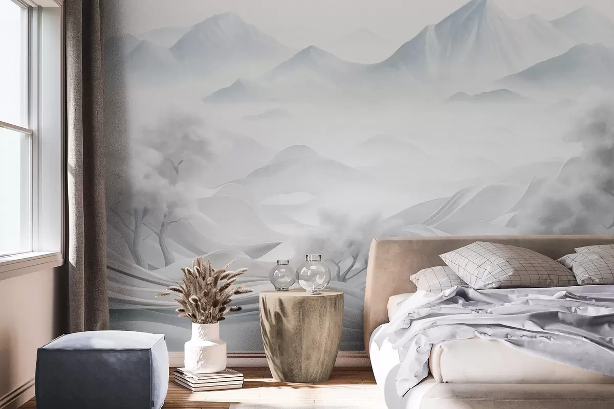 wall murals Snowy abstract decorative mountain landscape with white trees and fog, minimalist textured style w09426