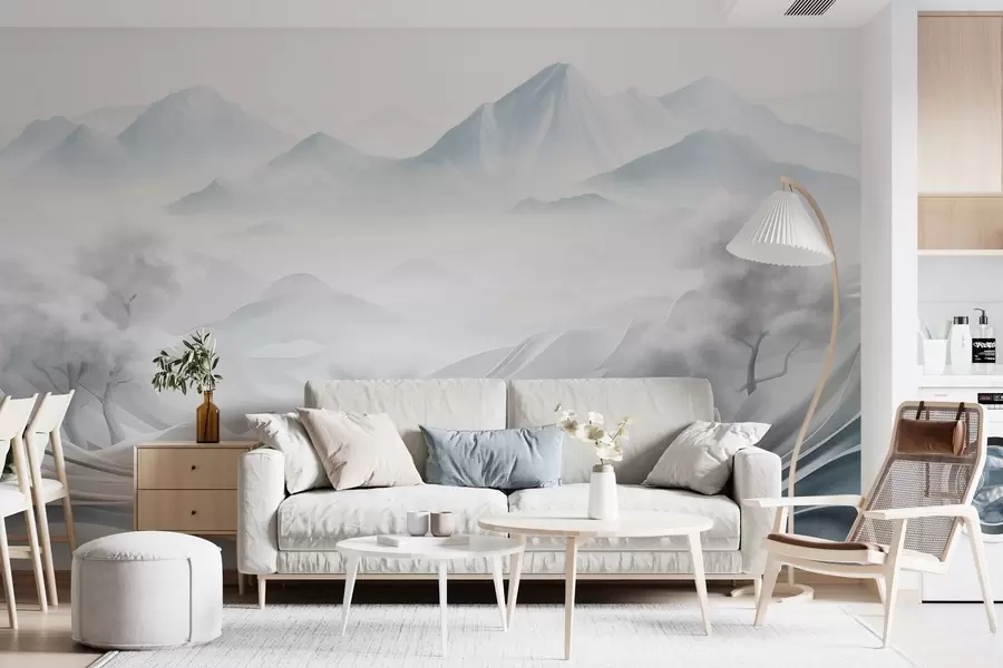 wall murals Snowy abstract decorative mountain landscape with white trees and fog, minimalist textured style w09426