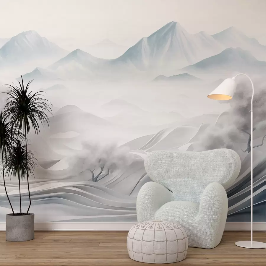 wall murals Snowy abstract decorative mountain landscape with white trees and fog, minimalist textured style w09426