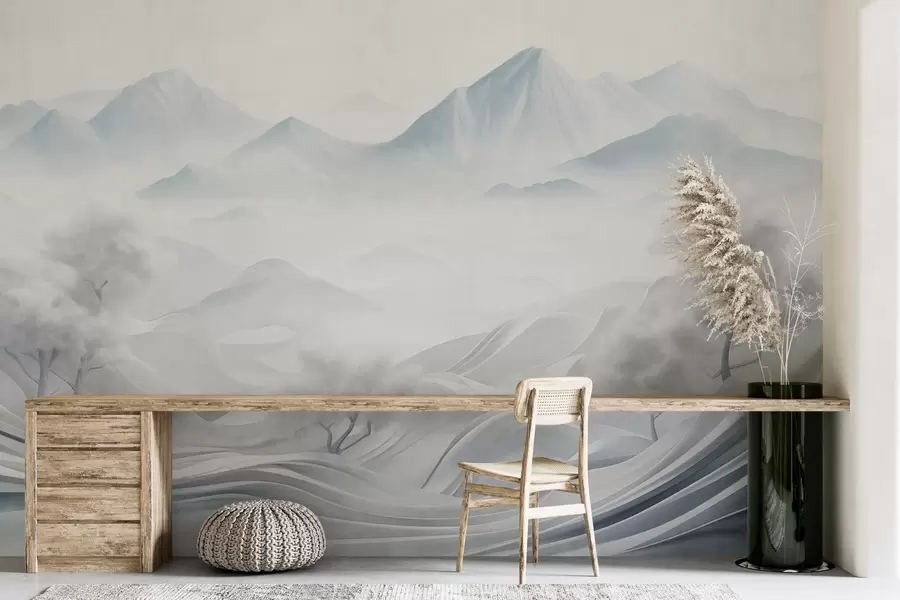 wall murals Snowy abstract decorative mountain landscape with white trees and fog, minimalist textured style w09426