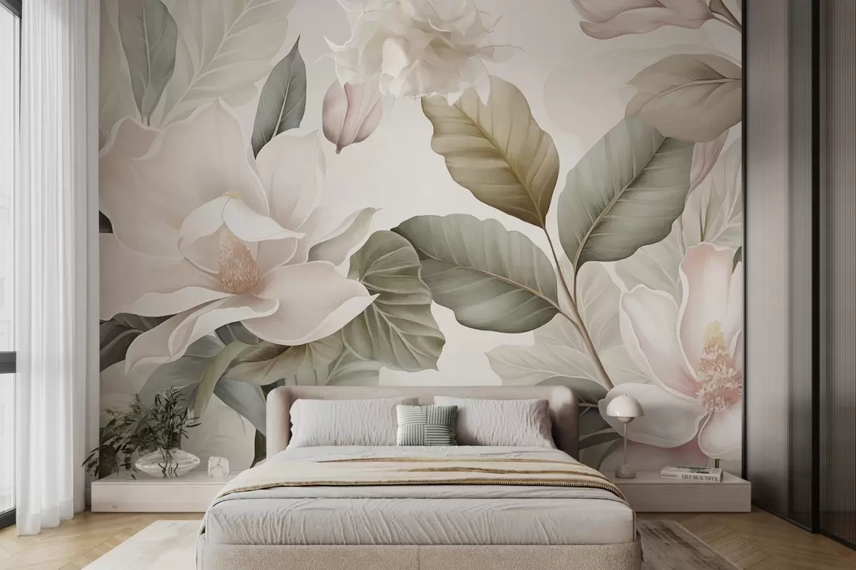 wall murals Magnolia flowers with leaves in pastel colors, white, pink and green, soft, delicate, watercolor style w09427