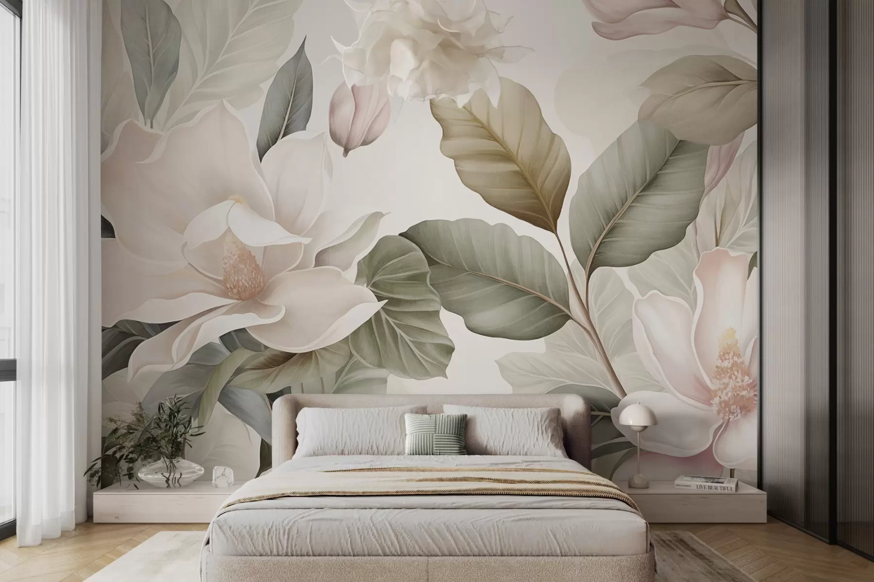 wall murals Magnolia flowers with leaves in pastel colors, white, pink and green, soft, delicate, watercolor style w09427