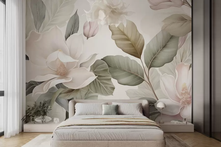 wall murals Magnolia flowers with leaves in pastel colors, white, pink and green, soft, delicate, watercolor style w09427