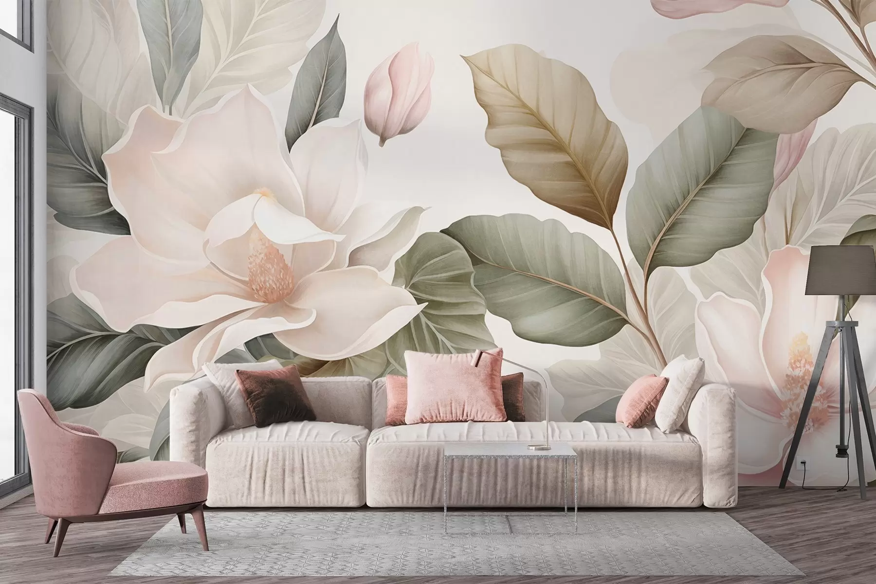 wall murals Magnolia flowers with leaves in pastel colors, white, pink and green, soft, delicate, watercolor style w09427