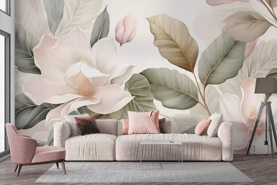 wall murals Magnolia flowers with leaves in pastel colors, white, pink and green, soft, delicate, watercolor style w09427