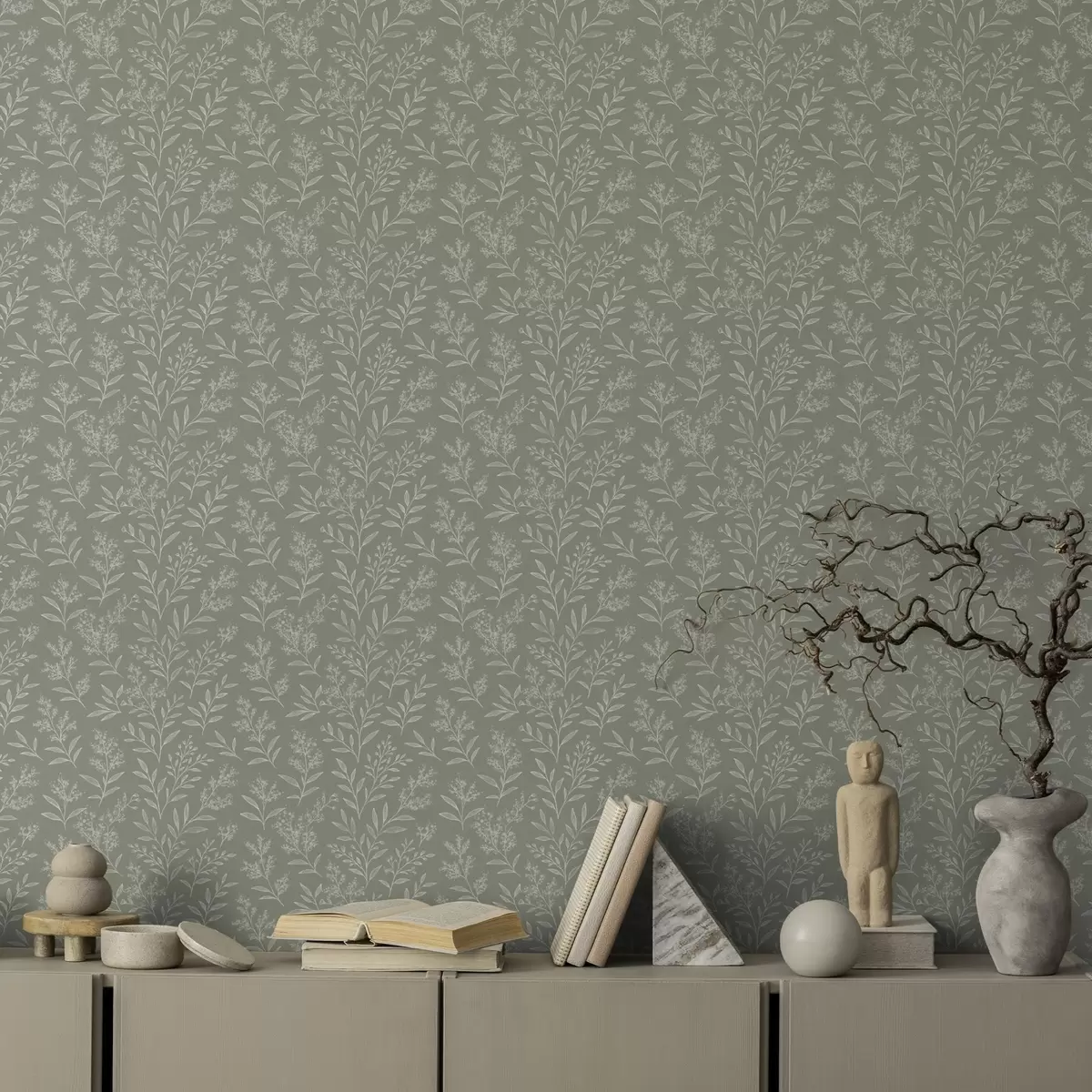 Wallpaper Green sage: fine herbs and inflorescences, delicate pattern a00611